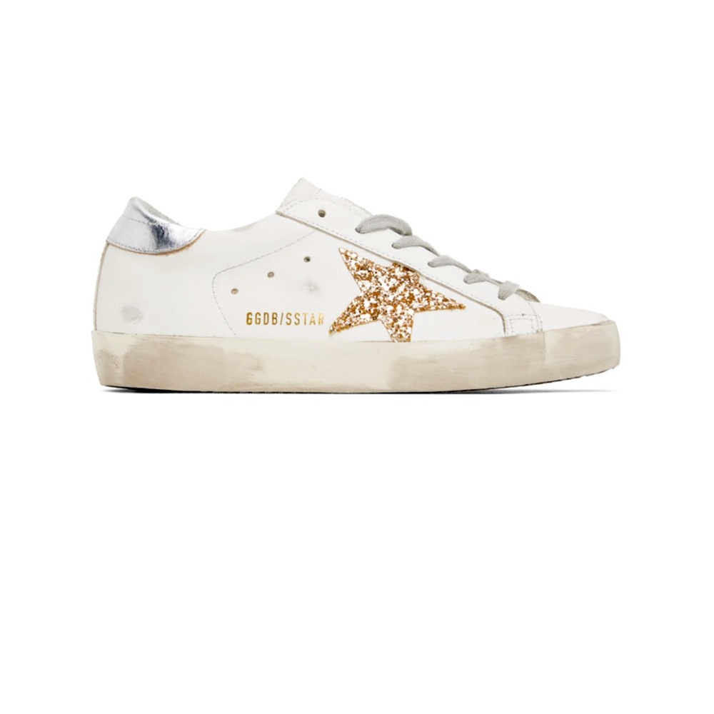 Golden Goose Superstar gold glitter star and silver heel Sz 36